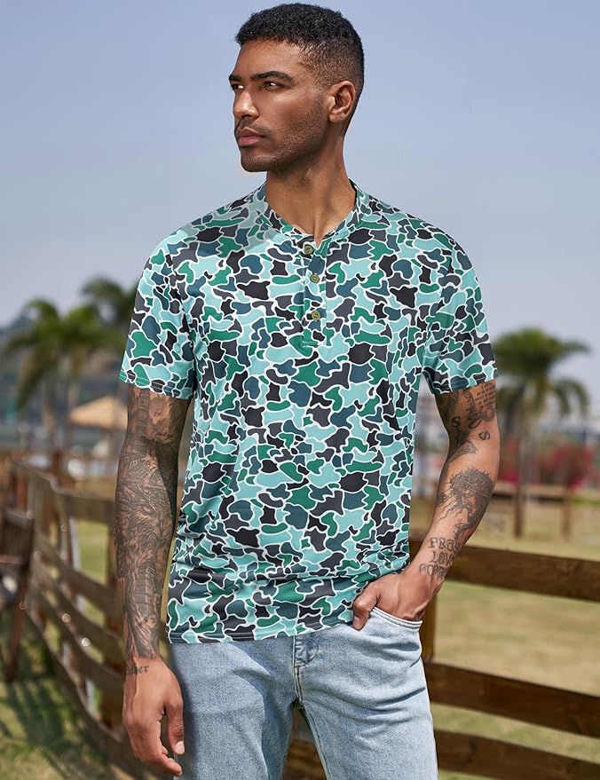 TAPULCO Mens Collarless Golf Shirts Short Sleeve Dry Fit Stretch Casual Breathable Lightweight Tshirts