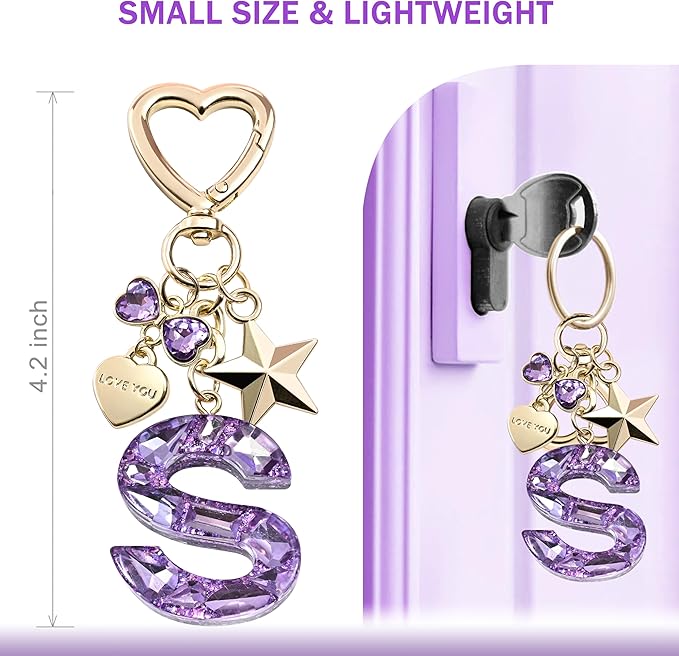 Cute Bling Keychain initial Letter Butterfly Star Pink Purple Gift for Women Girls Bag Cup Charms Accessories