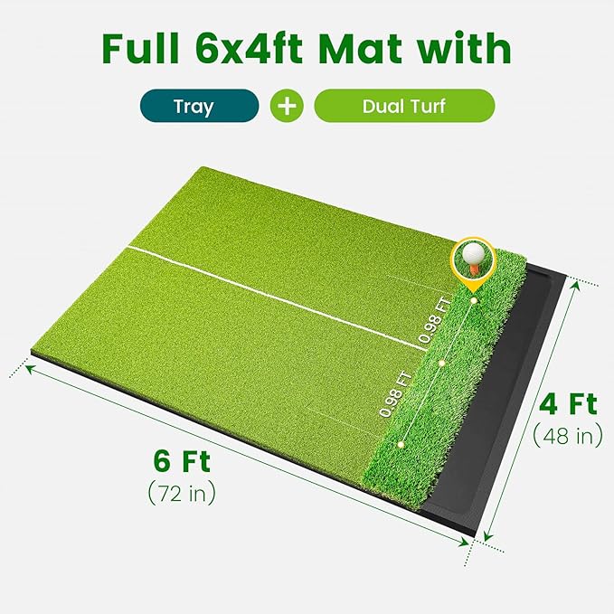 Dual Turf Golf Hitting Mat with Ball Tray, 5x4 & 6x4 ft, 26mm/31mm Thick, Alignment Aid, Golf Practice Mat Indoor & Outdoor, Driving & Chipping Pad Simulator Mat