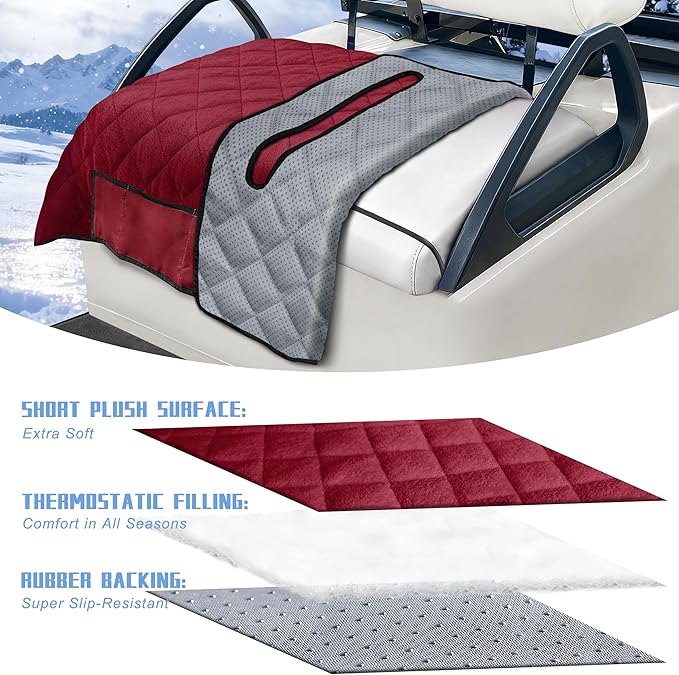 YOKYHOM Golf Cart Seat Covers with 4 Front Pockets, Thick and Non-Slip Golf Cart Seat Towel Blanket, Fits for EZGO, Yamaha, Club Car and More 2 Seats Golf Carts, Red