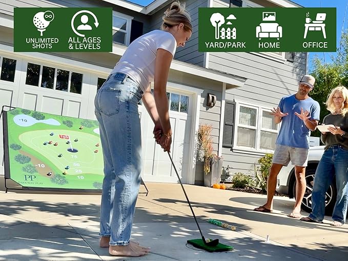 Sticky Golf Chipping Game Set - 6x6 ft Metal Frame Option with Adjustable Clubs, 25 Sticky Balls, Turf Chipping Mat & Scoreboard - Backyard Golf Target Game for All Ages for Indoor/Outdoor Practice