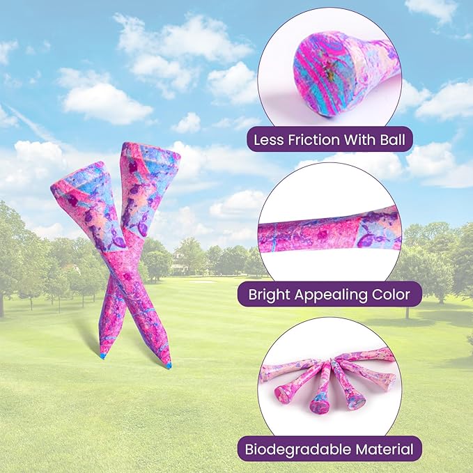 Amy Sport Golf Tees Styllish Bamboo Wooden Coloured Painted Bulk 200 Pack 1 1/2 3 1/4 2 3/4 Inch Tee, Enhanced Visibility Color Purple Pink Green Blue, Practice for Men Women