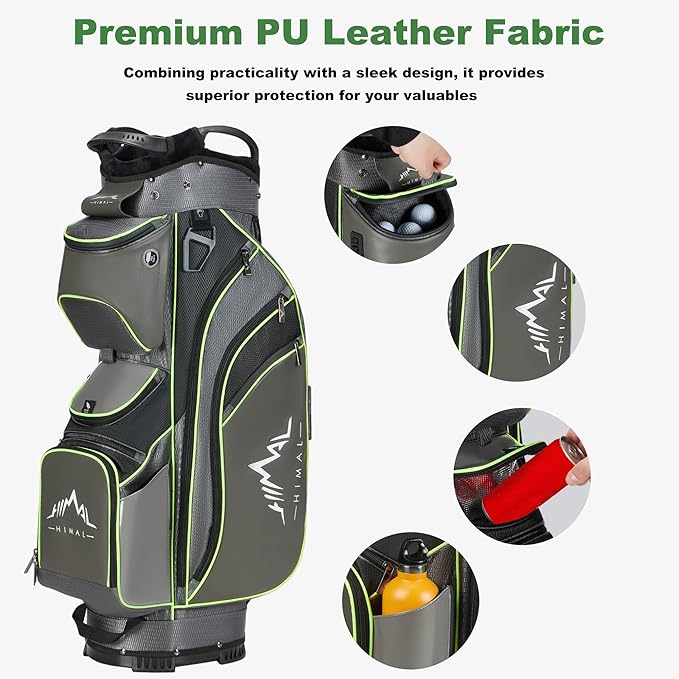 14-Way Golf Cart Bag with Full Length Divider, Premium PU Leather Golf Bag with Plush Top, Magnetic Pocket and Rain Cover for Men