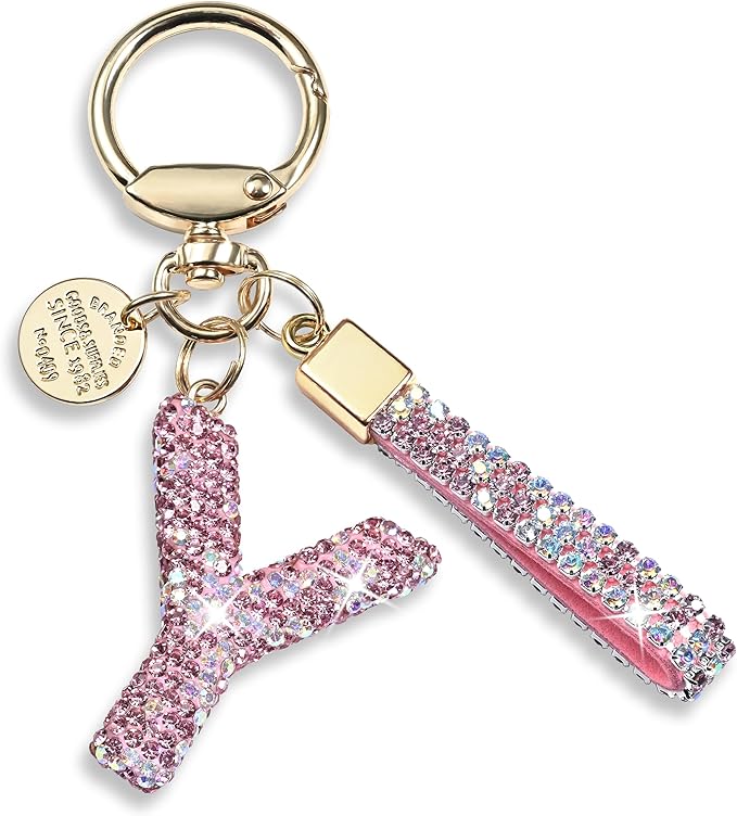 Pink Blue White Initial Letter Keychain Gift for Women Girls Bling Sparkly Cute Backpack Car Key Accessories Lanyard