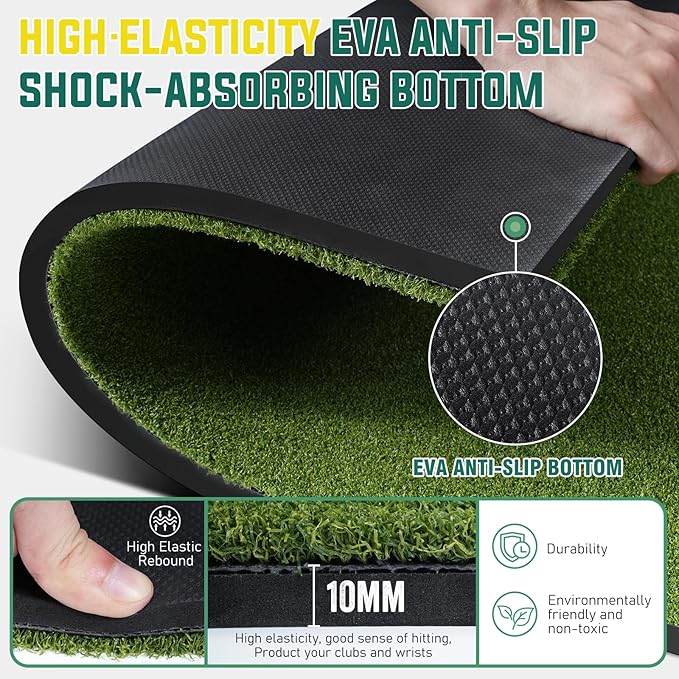 Dual Turf Golf Mat - Practice Indoor/Outdoor, 5 x 4 ft Hitting Mat with Alignment Lines, 9 Tees & Balls Accessories for Swing, Chipping, Putting