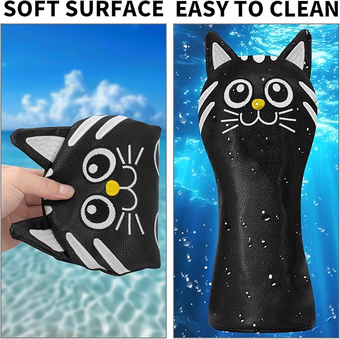 Golf Kitty Head Cover Golf Club White Leather Headcovers 1pc/4pcs Set Fits Driver Fairway Wood Hybrid Utility Putter Iron Wedge Headcover.