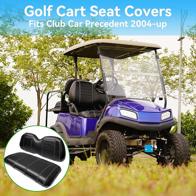 Golf Cart Seat Covers fits Club Car Precedent/DS/EZGO RXV/TXT/Yamaha Front Rear Seat Cushion，Black Leather Custom Stripe Soft Comfortable/Anti-Scratch/Easy to Clean
