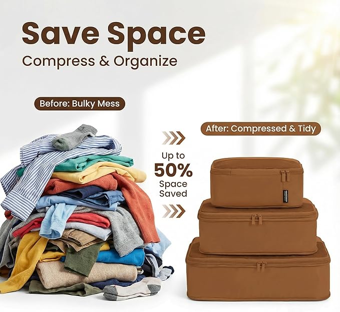 4 Piece Compression Packing Cubes for Suitcases and Backpack, Lightweight Travel Organizer Bags (Light Brown)