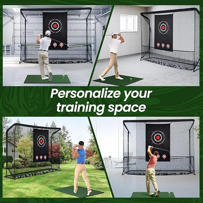 Golf Cage Practice Hitting Net, 10x7ft Heavy Duty Golfnets with 2 Net Side Barriers, Portable Hitting Nets with Carry Bag, 4 Stakes, Low-Noise Target for Backyard Driving Chipping Indoor Outdoor Use
