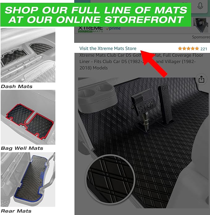 Xtreme Mats Club Car Compatible Golf Cart Mat, Full Coverage Rubber Floor Liner - Fits Club Car DS (1982-2013) and Villager (1982-2018) - Black with Blue Trim