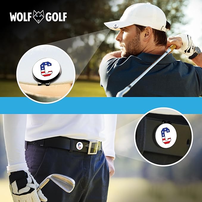 Wolf Golf Towels Golf Ball Marker Hat Clip | USA Monogram | 1 Magnetic Clip + 3 Ball Markers | Patriotic Golf Accessories for Men & Women