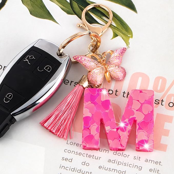 Suweibuke Colourful Cute Initial Letter Keychains for Women Girls with Tassel Butterfly, Charm for Purse Handbags Backpacks