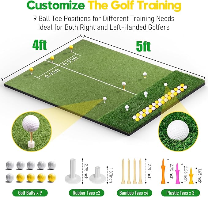 Premium Dual-Turf Golf Mat with Ball Tray, 5x4 FT Golf Hitting Mats Practice Outdoor Indoor Equipment with 10 Balls, 9 Golf Tees, Aid Training Swing Chipping Mat, Gifts for Men,Boy,Golfers