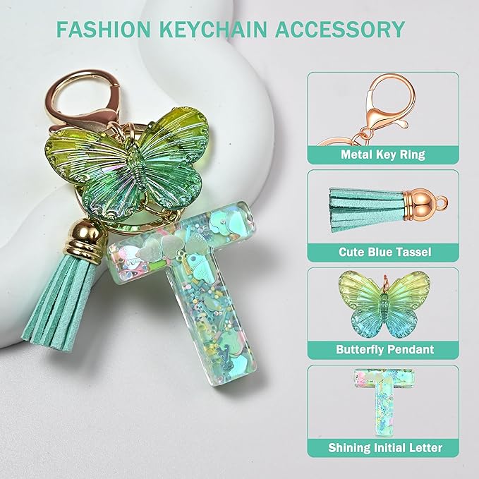 JINGUAZI Initial letter Keychains for Women Tassel Butterfly Pink Purple Cute Car Keychain for Wallet Backpack bag charm