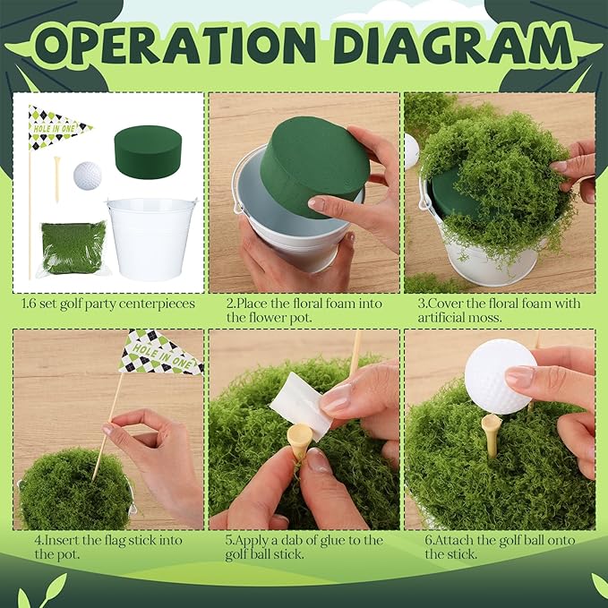 6 Set Golf Party Table Decorations Kit Party Supplies Includes Mini Golf Iron Bucket White Artificial Moss Lawn Flag Centerpiece Wooden Peg for Birthday Sport Themed Desk Rugby Favor(Round)