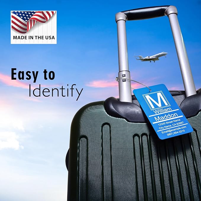 Luggage Tags for Suitcase - Personalized Engraved Metal Tag for Cruise Travel - Blue Custom Name Tags Suitable for Bags and Backpacks No Underline (2 x 3.5 inch)