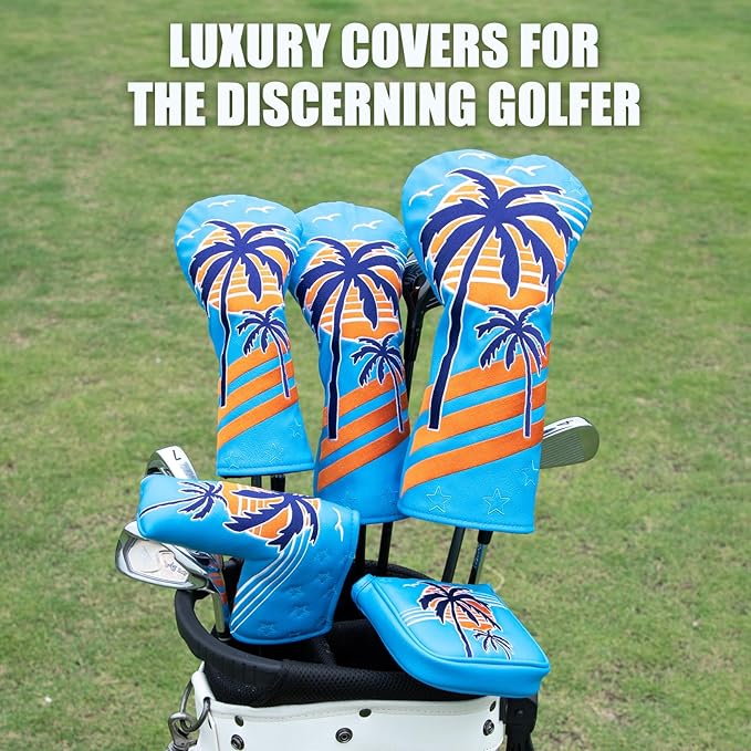 Montela Golf Club Covers Summer Coconut Tree Golf Putter Cover Driver Cover Fariway Wood Headcover Hybrid Covers Mallet Putter Headcover Blade Golf Headcover for Most Brand