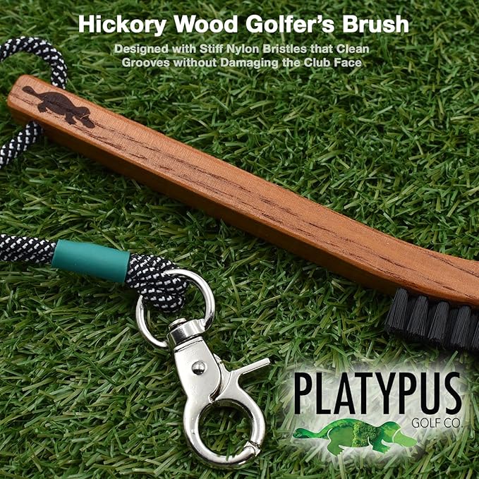 Platypus Golf Co. Hickory Wood Golf Club Brush & Non-Slip Groove Cleaner with Stiff Nylon Bristles, Paracord Rope & Stainless Steel Metal Clip, for Cleaning Grooves on Clubs, Fits Any Golfer's Bag