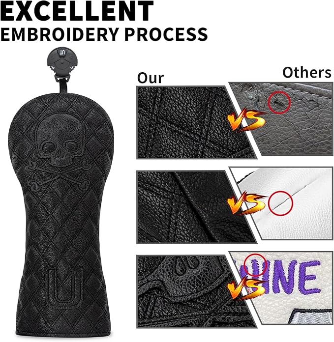 Grid Black Line Skull Golf Club Covers – Driver Headcover, Fairway Wood & Hybrid, 3 Wood Headcover, Black Skull Leather, Waterproof Easy-Clean, Universal Fit The Most Brands