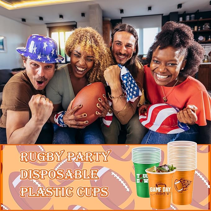 Norme 48 Pcs Football Party Supplies - 16 oz Thick Plastic Disposable Cups for Hot Cold Drinks, Wine, Coffee - Holiday Themed Party Favors