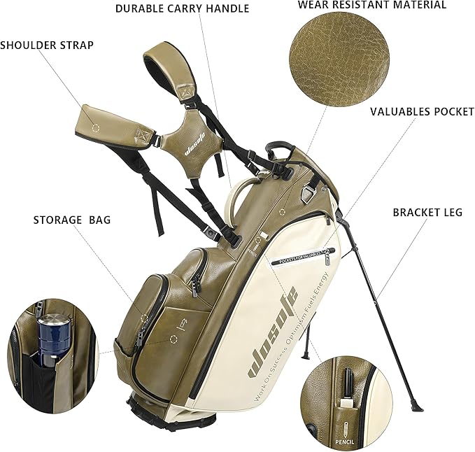 Lightweight 14-Way Golf Stand Bag, PU Leather Golf Bag Waterproof Men Women Full Length Top Dividers, Multiple 8 Pockets Cooler Pouch Adjustable Detachable Shoulder Dual Straps Rain Cover Hood