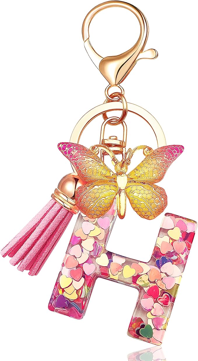 JINGUAZI Initial letter Keychains for Women Tassel Butterfly Pink Purple Cute Car Keychain for Wallet Backpack bag charm