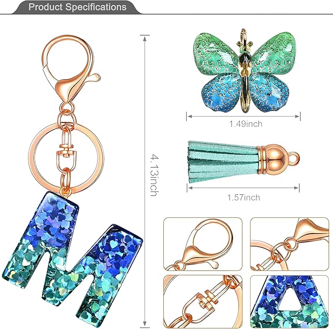 JINGUAZI Initial letter Keychains for Women Tassel Butterfly Pink Purple Cute Car Keychain for Wallet Backpack bag charm