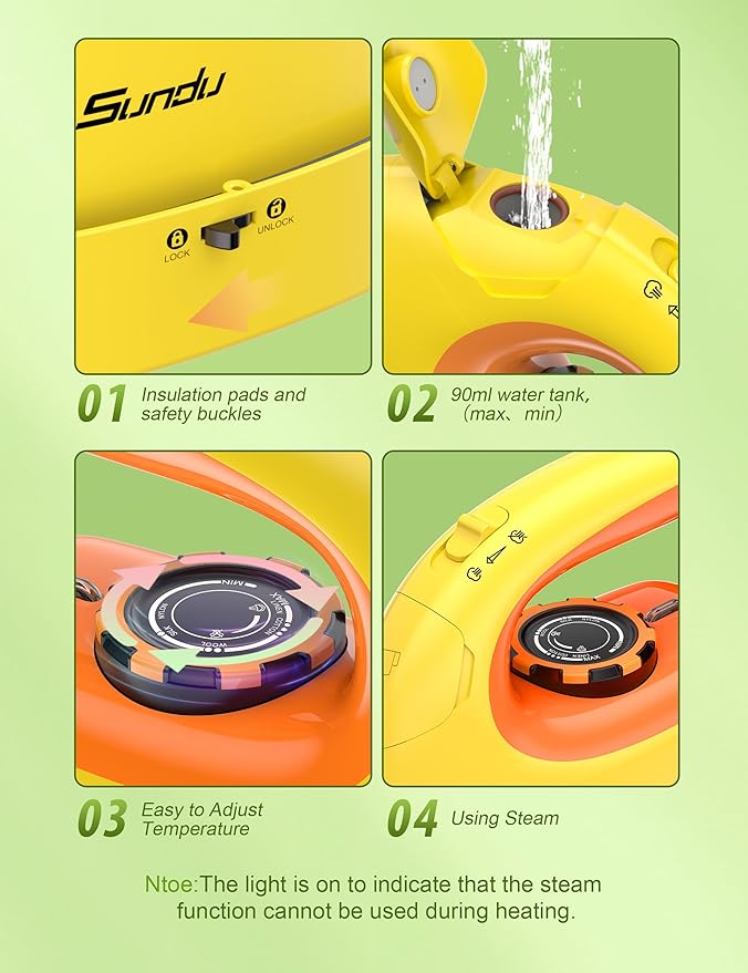 Sundu Mini Travel Iron with Steam,1000W Portable Non-Stick Soleplate Steam Samll Iron for Quilting & Sewing,300 Microsteam Holes,90ml water tank,lockable safety base,Digital Temperature Control-Yellow