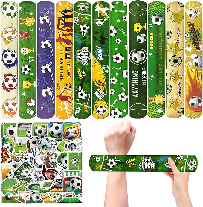 74Pcs Soccer Theme Party Favors Contain 24 Pcs Slap Bracelets 50Pcs Stickers, Soccer Theme Birthday Party Decorations,Classroom Rewards Supplies.