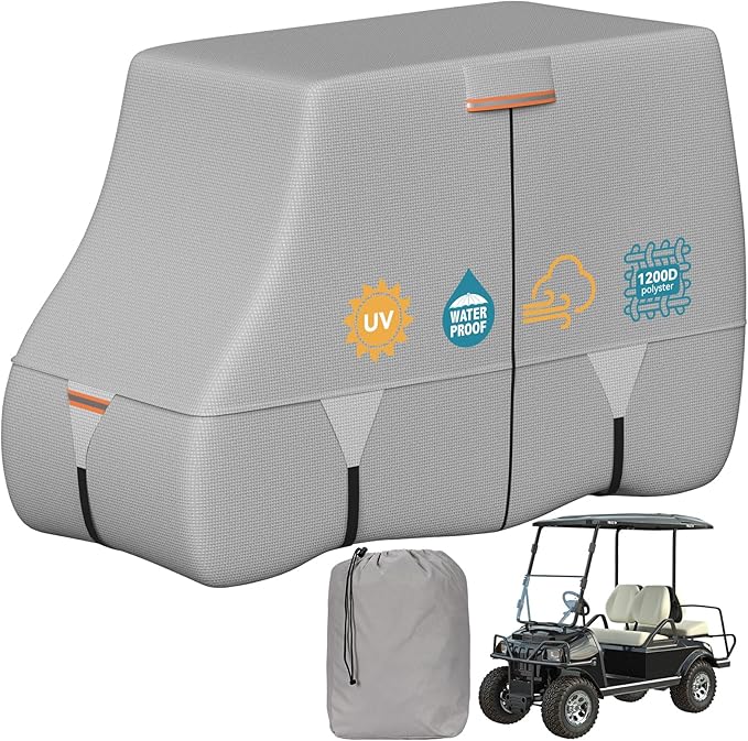Tuszom 100% Waterproof 1200D Solution-Dyed Golf Cart Cover Universal Fit Yamaha,Honda,Club Car,EZGO and Most Brand Golf Cart for 2/2+2/4/4+2/6 Seats with Zipper Door,Storage Bag