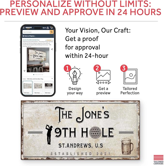 TAILORED CANVASES Golf Art Decor - Personalized Vintage Golf Wall Art Sign for Man Cave, Bedroom, Basement, Home Bar and Custom Gift for Husband, Dad, Wedding & Anniversary - 19th Hole Sign, 60"x30"