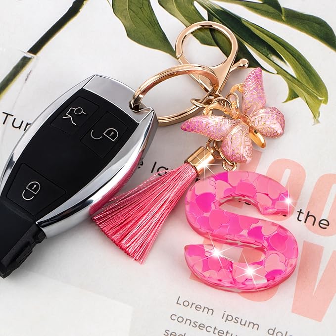 Suweibuke Colourful Cute Initial Letter Keychains for Women Girls with Tassel Butterfly, Charm for Purse Handbags Backpacks