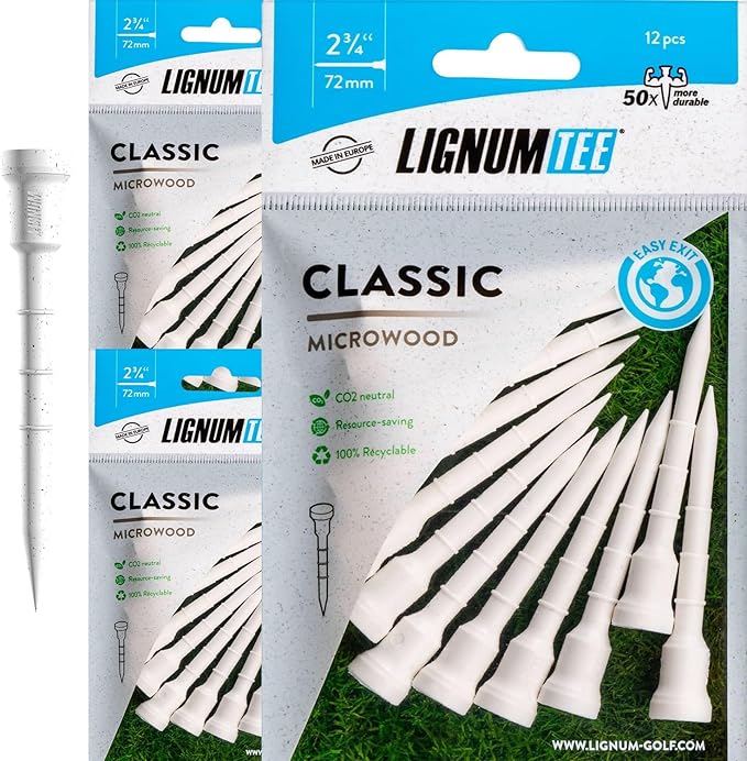 LIGNUM Tee - Classic Golf Tees - Sports Golf Tees - Anti Spin Head, Bio-Based Micro Wood, 50x Durable