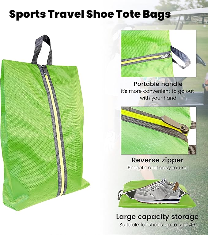 Golf Smell Proof Shoe Bag Lightweight Waterproof Zippered Sport Shoe Carrier Bags Golf Soccer Shoe Storage Organizer for Gym Sports Travel Work Golf Aceesories (Green, US size 14)