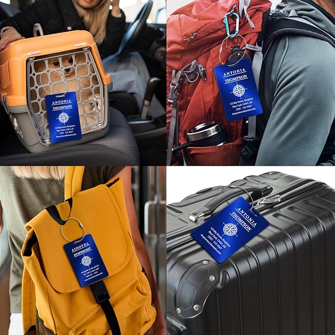 Custom Stainless Steel Luggage Tags (2 Pack) - Personalized Laser Engraved Luggage Tag, Waterproof Durable, for Bags, Backpack Travel, Suitcases (Blue)
