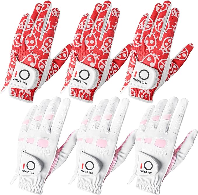 FINGER TEN Women’s Golf Gloves Ladies Left Hand Right Handed Golfer Value 6 Pack, All Weather Rain Grip Glove Pink Fit Small Medium Large XL