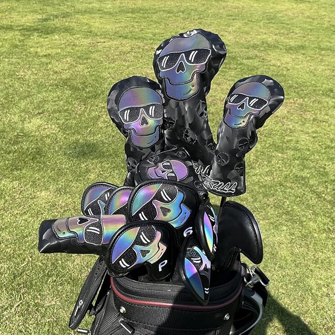 Large Skeleton Golf Club Covers, Iron Covers 10pcs/ Set, Leather Golf Iron Club Head Cover Headcover Set for Men fits Mizuno, Ping, Taylormade All Brand