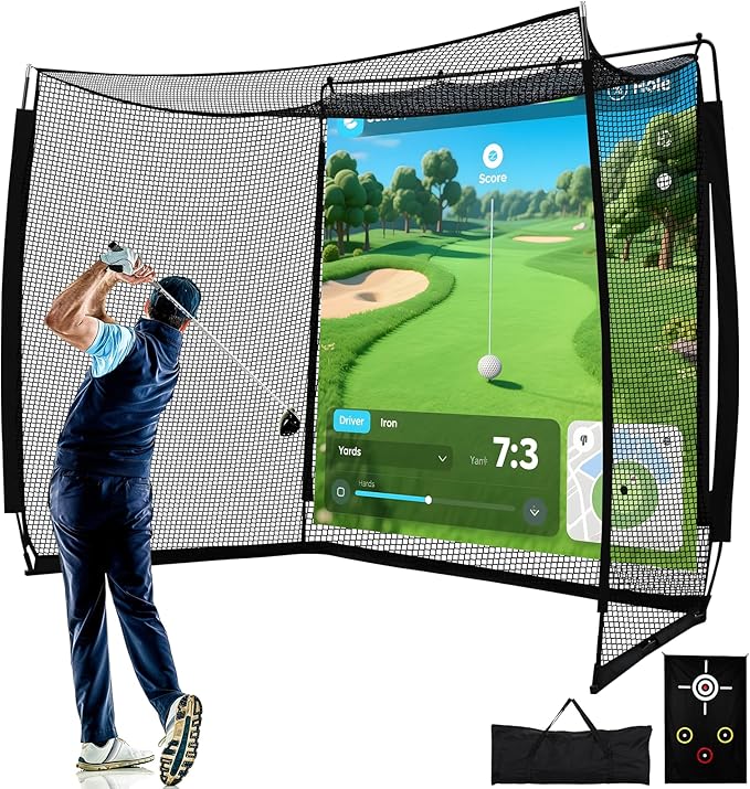 Golf Net with Simulator Impact Screen and Target Cloth, 10x8ft Golf Practice Net for Backyard, Portable Heavy Duty Golf Hitting Net for Outdoor Indoor