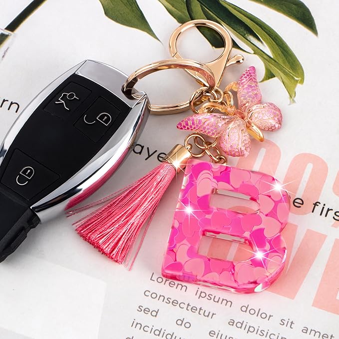 Suweibuke Colourful Cute Initial Letter Keychains for Women Girls with Tassel Butterfly, Charm for Purse Handbags Backpacks
