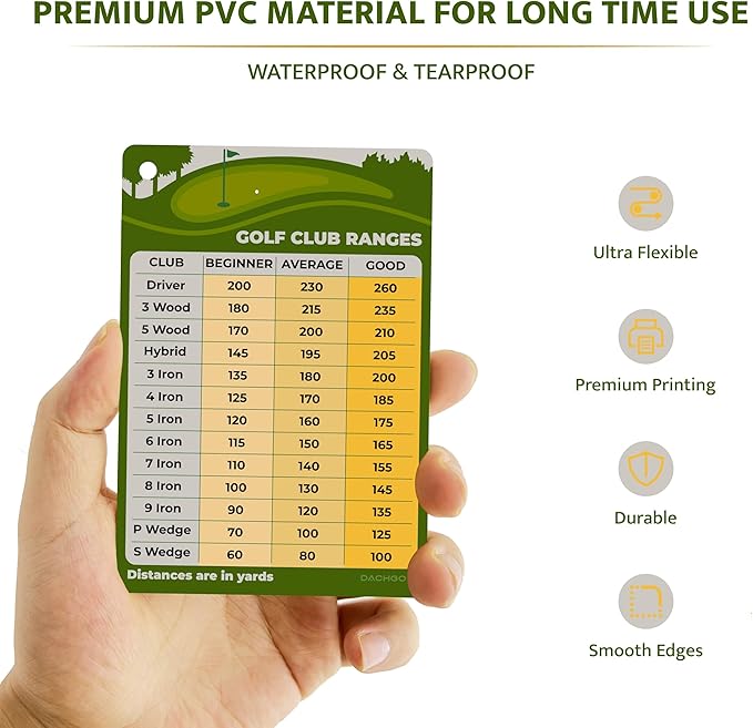 Golf Club Distance Card - 5.12" x 3.54" Golf Club Range Chart Card Quick Reference Yardage Card, Golf Gifts Golf Accessories for Beginners, Average, Seasoned Golfers - Easy to Clip On Golf Bag
