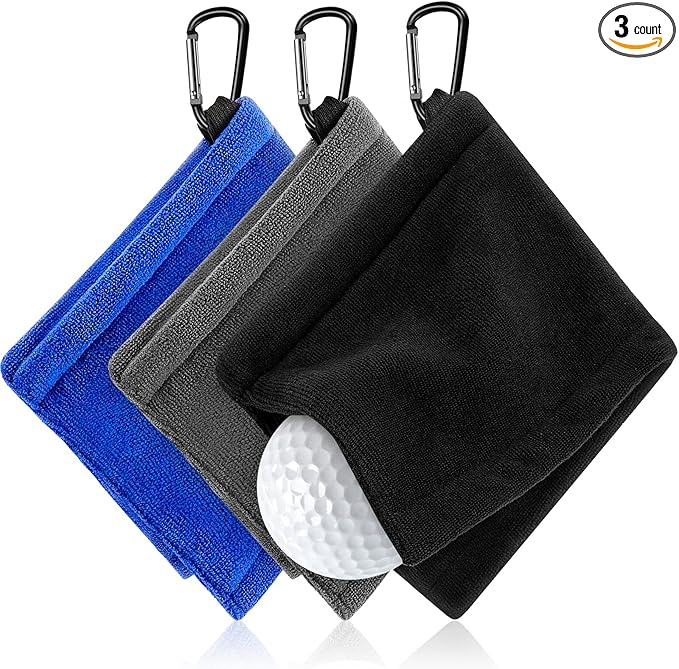 Flutesan 3 Pieces Golf Ball Towel 5.5 x 5.5 Inch, Wet and Dry Small Pocket Towel with D Clip Portable Golf Ball Cleaner Accessories for Men Women Course Exercise