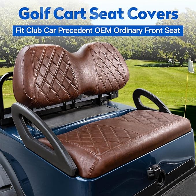 NOKINS 4PCS Golf Cart Seat Covers Kit, Front and Rear Seat Covers Fits Club Car Precedent Standard Seat Cushion, Club Car Vinyl Seat Covers Accessories, No Staples (Brown Brown 8438)