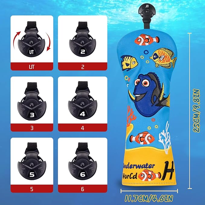 Golf Club Head Covers, Underwater World Driver Headcover Hybrid Headcover Fairway Wood Head Covers Magnetic Blade Putter Cover with Interchangeable Tags for All Brand