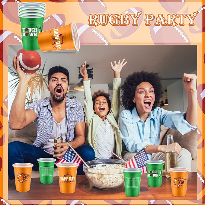 Norme 48 Pcs Football Party Supplies - 16 oz Thick Plastic Disposable Cups for Hot Cold Drinks, Wine, Coffee - Holiday Themed Party Favors