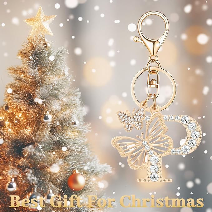 Gold Plated Alphabet Initial Letter Keyring Keychain for Women Girls Crystal Key Chains for Wallet Backpack Bag Charm