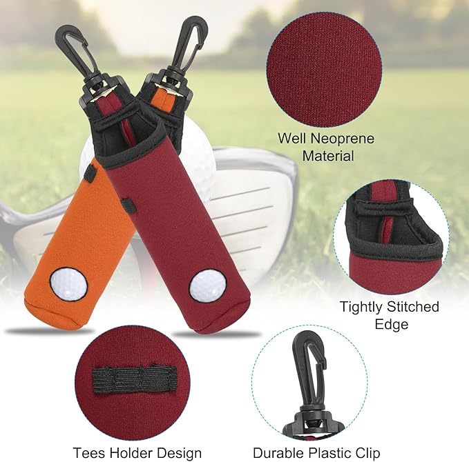 PATIKIL Golf Ball Carry Bag, 2 Pcs Golf Tee Holder Pouch Portable Neoprene Golf Ball Holder with Clip for Men and Women Storage Gifts, Burgundy