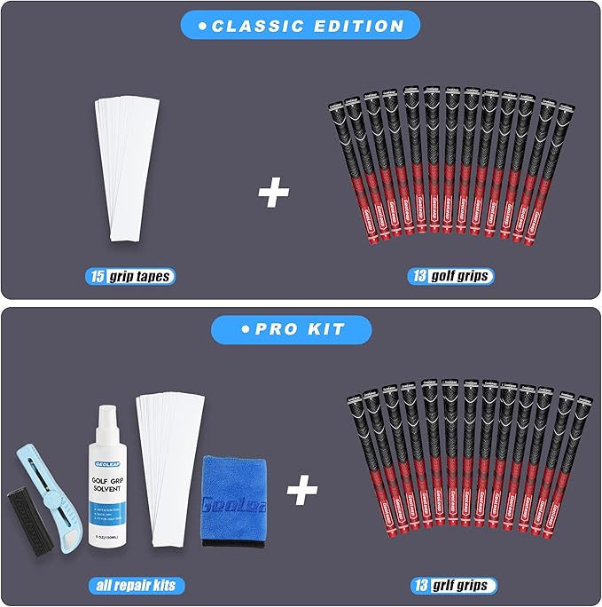 Geoleap Golf Grips Set of 13- Grips with Tapes and with All Repair Kits for Choice,Hybrid Golf Club Grips,Standard/Midsize,All Weather Contral, High Feedback & Traction.