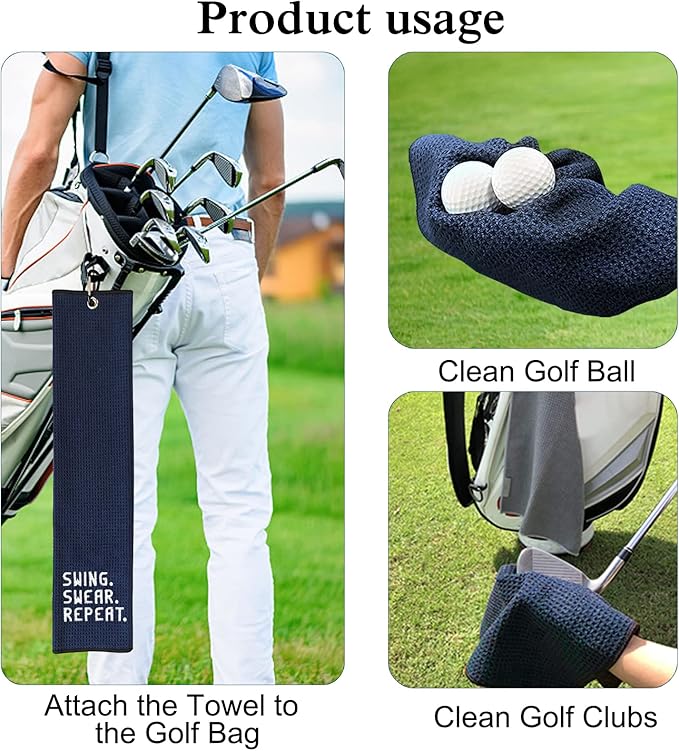 DYJYBMY Swing Swear Repeat Funny Blue Golf Towel, Embroidered Navy Bags Clip, Men, Birthday Golf Fan Gift