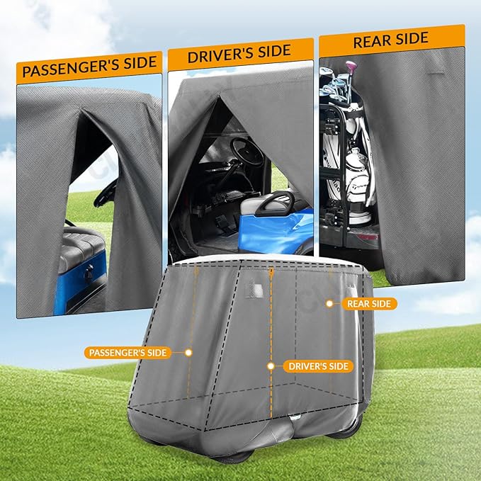 Golf Cart Cover with Doors and Reflective Stripes, 600D Waterproof Golf Cart Cover 2/4 Passenger for Club Car, EZGO, Yamaha Golf Carts - Black/Grey