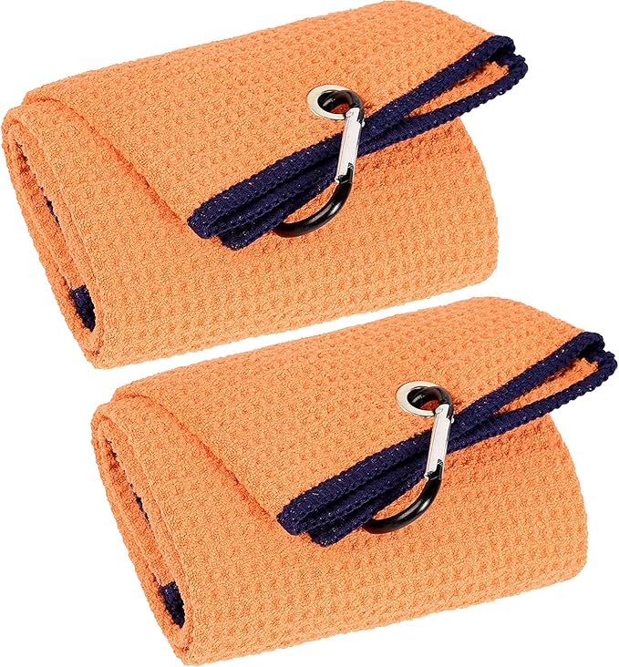 VIVIDLY 2 Pack Tri-fold Golf Towels, Premium Microfiber Fabric Waffle Pattern with Black Heavy Duty Carabiner Clip, Orange Golf Towels for Golf Bags for Men (Orange)